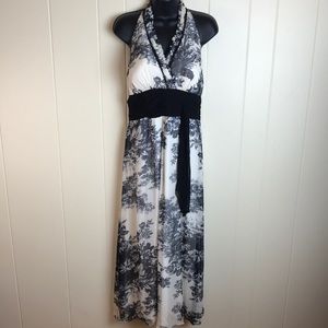 Sangria Black and White Silk Halter Top Maxi Dress